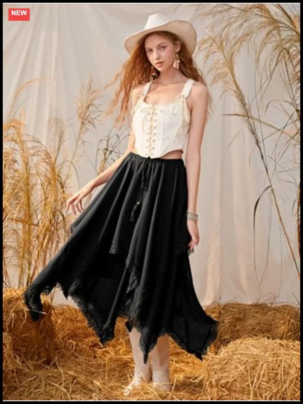 Y2K Boho Lace Trim Asymmetrical High Low Long Skirt